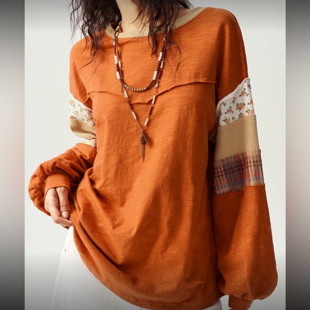 Rust Orange Patchwork Long Sleeve Top - image 5